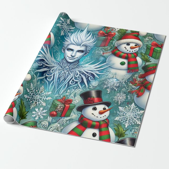jack frost and snowman christmas theme wrapping paper (Unrolled)