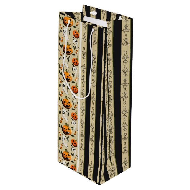 Jack-o-Ghost Yellow Stripes Wine Gift Bag (Front Angled)