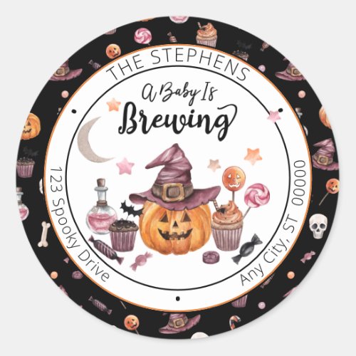 Jack_O_Lantern A Baby Is Brewing Return Address Classic Round Sticker