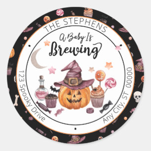 Jack-O-Lantern A Baby Is Brewing Return Address Classic Round Sticker