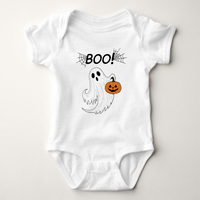 Jack-o’-lantern and A White Ghost Boo Halloween Baby Bodysuit (Front)