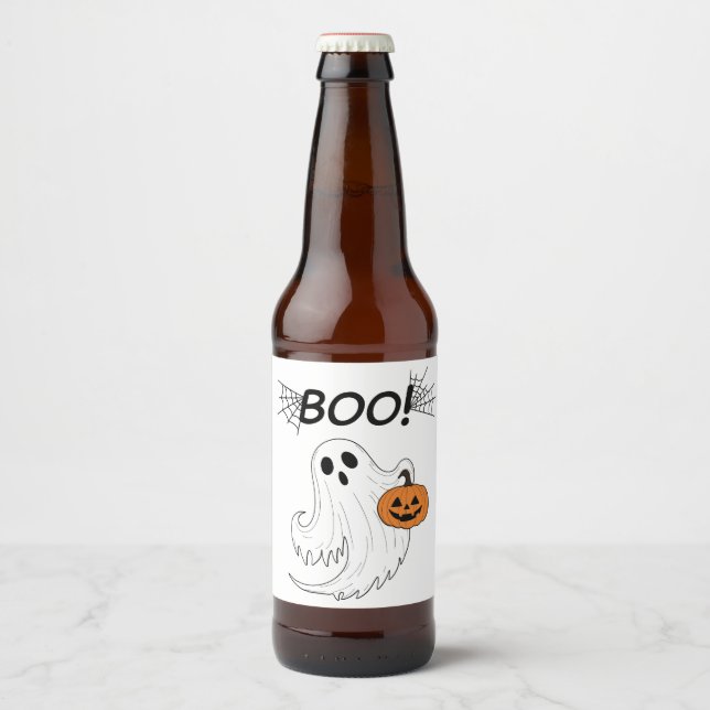 Jack-o’-lantern and A White Ghost Boo Halloween Beer Bottle Label (Front)