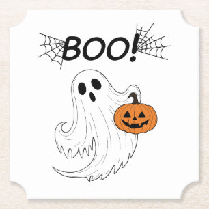 Jack-o’-lantern and A White Ghost Boo Halloween Paper Coaster