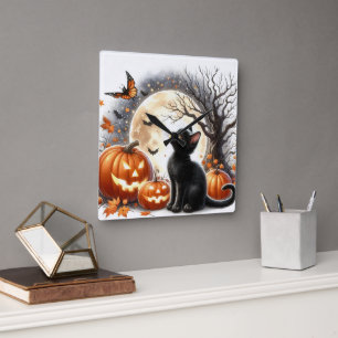 Jack O' Lantern and Black Cat Halloween Wall Clock