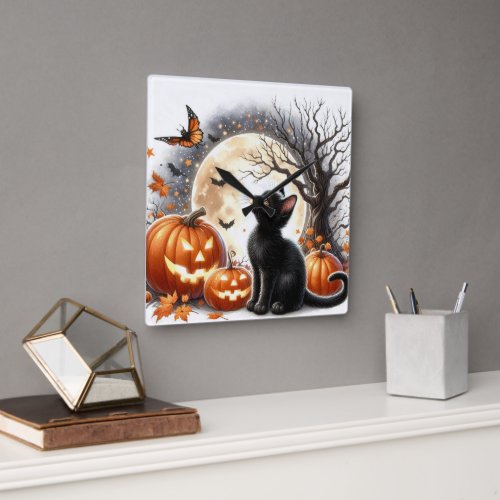 Jack O Lantern and Black Cat Halloween Wall Clock