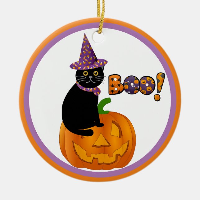Jack O Lantern and Black Cat Keepsake Halloween Ceramic Ornament (Front)