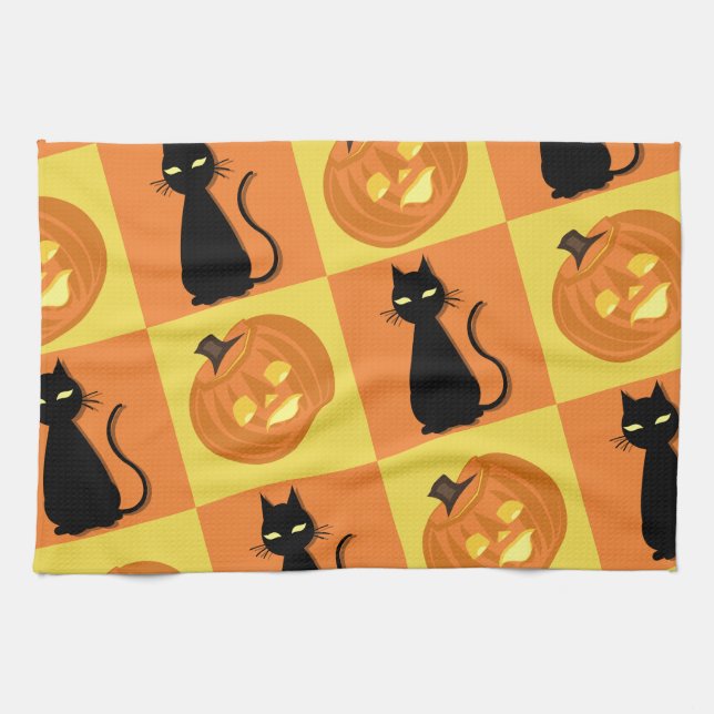 Jack-o’-lantern and cat kitchen towel. towel (Horizontal)