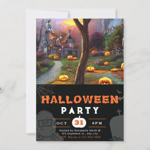 Jack_O Lantern and Haunted House Black Halloween Invitation