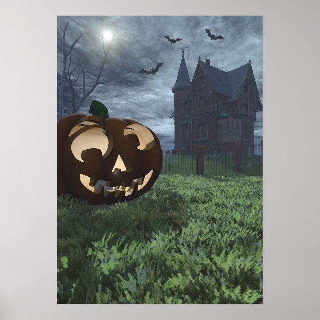 Jack-O-Lantern and Haunted House Halloween Poster (Front)