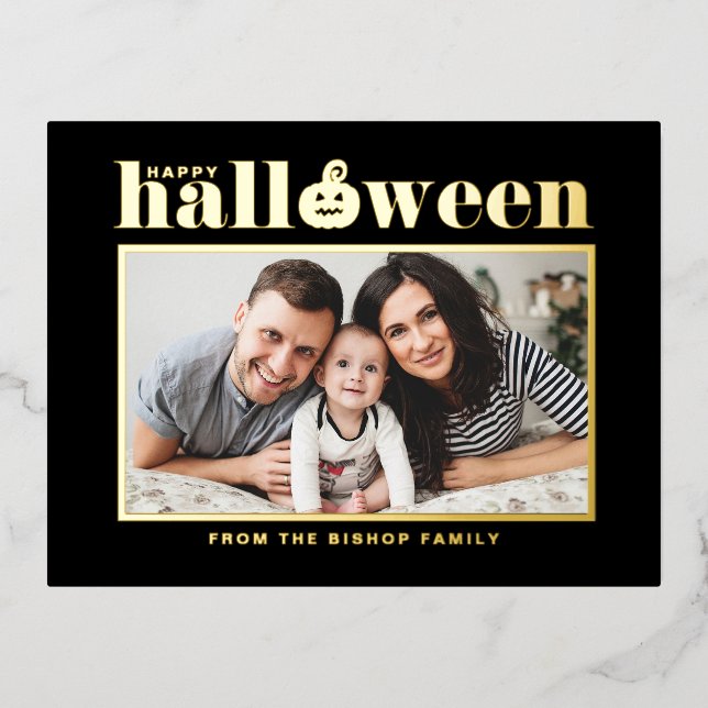 Jack-o'-lantern Black and White Photo Halloween Foil Holiday Postcard (Front)