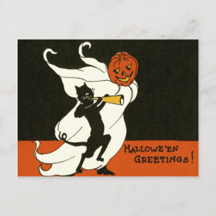 Jack O' Lantern Black Cat Ghost Horn Postcard