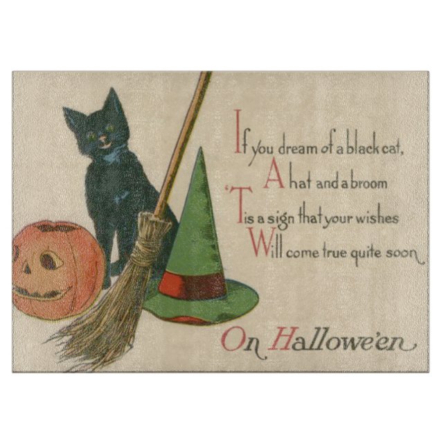 Jack O' Lantern Black Cat Witch's Hat Broom Cutting Board (Front)