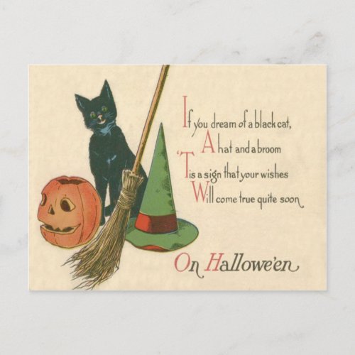 Jack O Lantern Black Cat Witchs Hat Broom Postcard