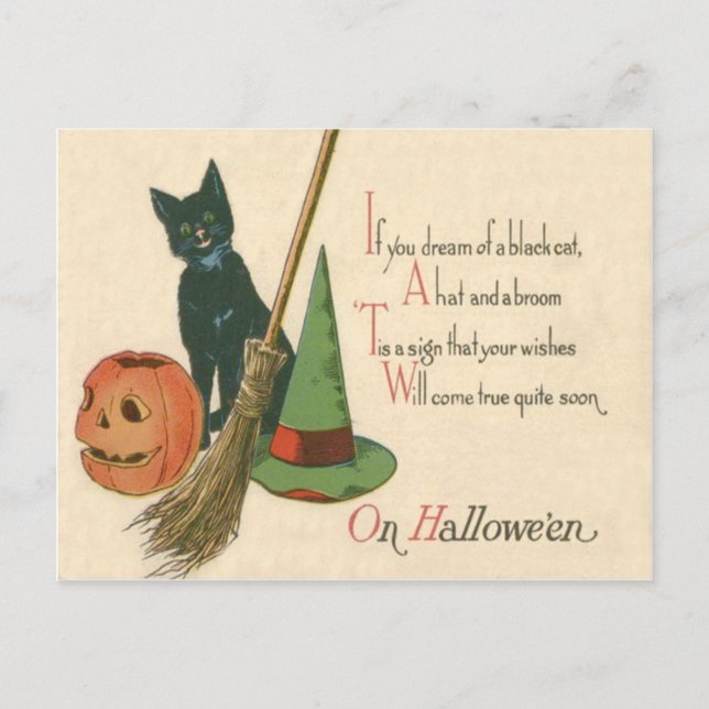 Jack O' Lantern Black Cat Witch's Hat Broom Postcard (Front)
