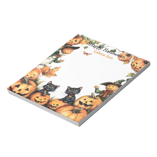 Jack o Lantern, Black Cats and Scarecrow Halloween Notepad (Rotated)