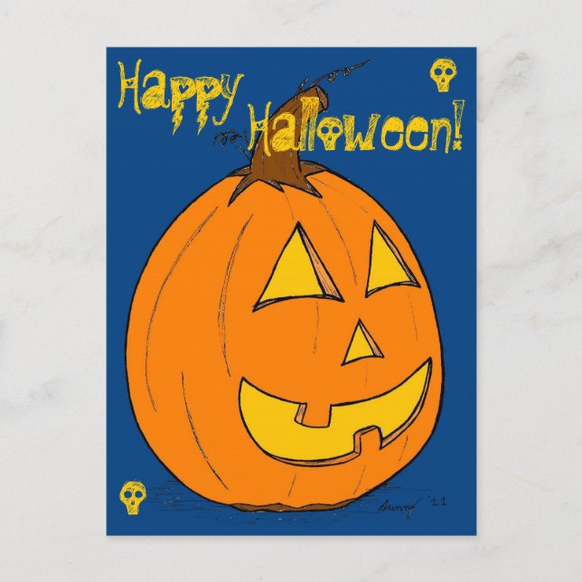 Jack o' Lantern Blue "Happy Halloween" Postcard (Front)