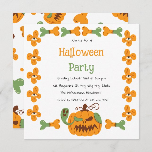 Jack-o'-Lantern & Bones Spooky Halloween Party  Invitation (Front/Back)