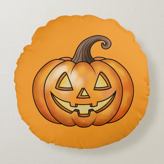 Jack O Lantern Cartoon Pumpkin Orange Halloween Round Pillow (Front)