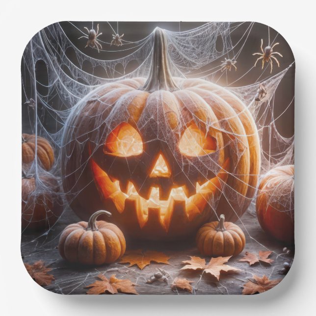 Jack-o-lantern Covered In Spider Webs Paper Plates (Front)