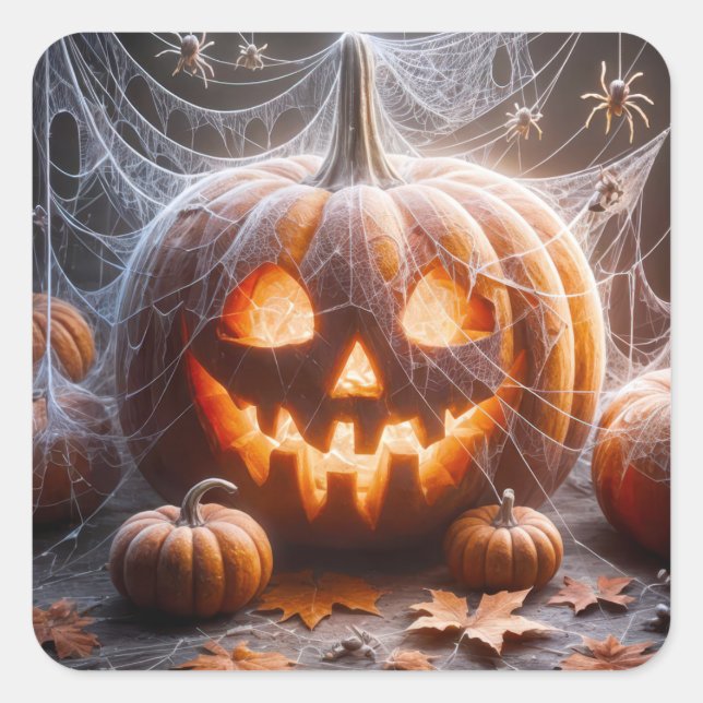 Jack-o-lantern Covered In Spider Webs Square Sticker (Front)