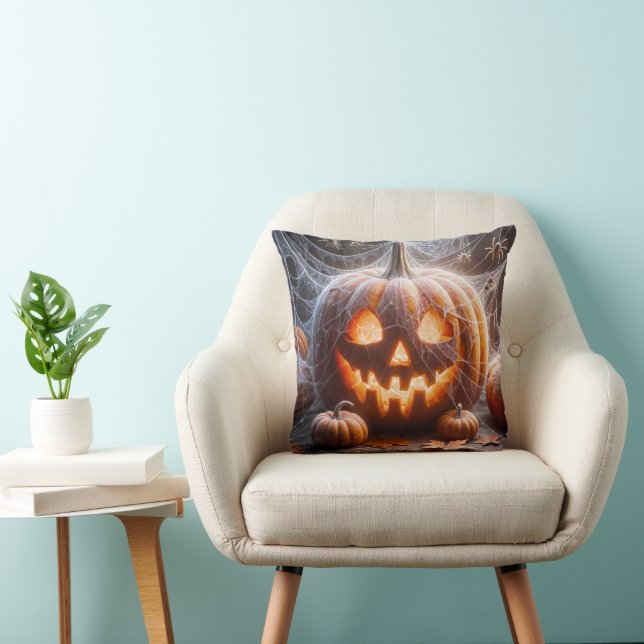 Jack-o-lantern Covered In Spider Webs Throw Pillow (Chair)