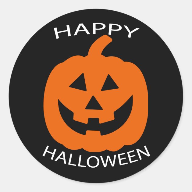 Jack-O-Lantern Curve Text Happy Halloween On Black Classic Round Sticker