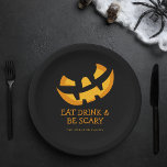 Jack-O-Lantern Eat Drink and Be Scary Paper Plates<br><div class="desc">Eat drink & be scary with scary jack-o-lantern face on black paper plates.</div>
