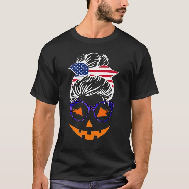 Jack O Lantern Face Pumpkin Halloween Messy Bun T-Shirt (Front)