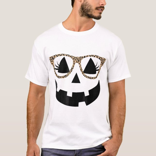 Jack O Lantern Face Pumpkin Hallowen Leopard T-Shirt (Front)