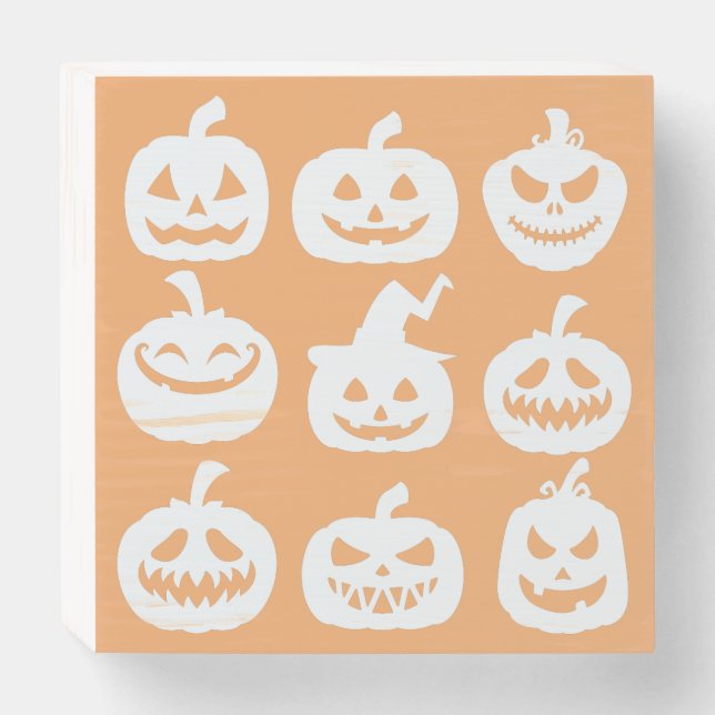 Jack-O-Lantern Faces Wooden Box Sign (Front Horizontal)