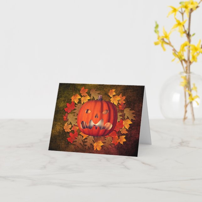 Jack O Lantern Fall Leaves Halloween Note Card (Yellow Flower)