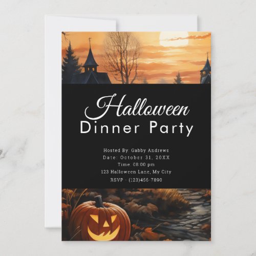 Jack_O Lantern Full Moon Halloween Dinner Party Invitation