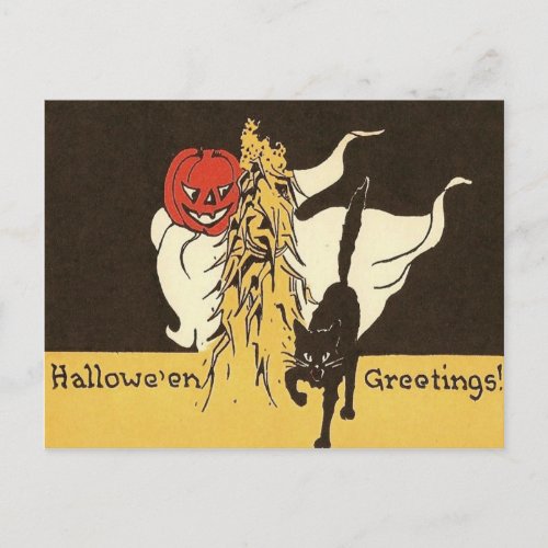 Jack O Lantern Ghost Black Cat Cornstalk Postcard