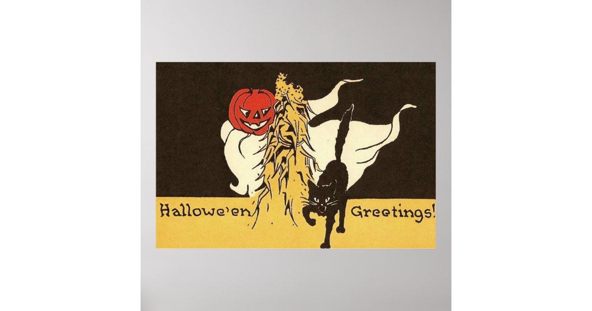 Jack O� Lantern Ghost Black Cat Cornstalk Poster