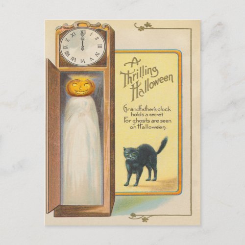 Jack O Lantern Ghost Black Cat Grandfather Clock Postcard