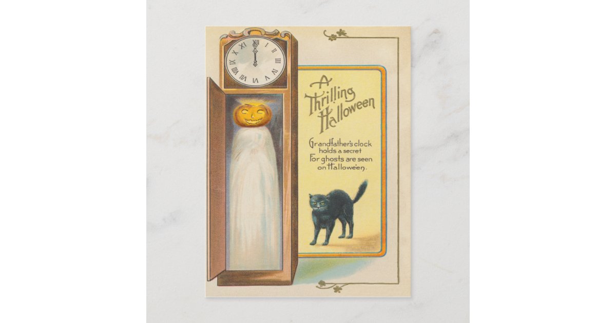 Jack O Lantern Ghost Black Cat Grandfather Clock Postcard | Zazzle