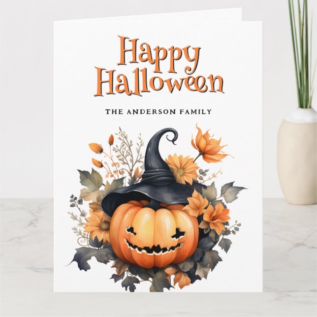 Jack O’Lantern Ghost Floral Happy Halloween Card (Front)
