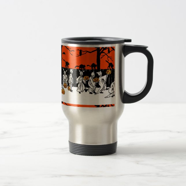 Jack O' Lantern Ghosts Vintage Pattern Travel Mug (Right)