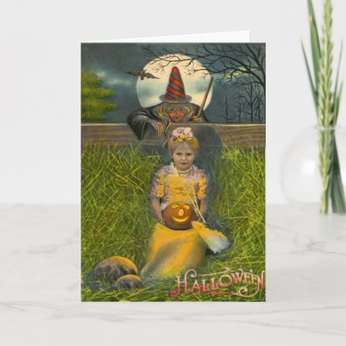 Jack O Lantern Girl Witch Bat Full Moon Card