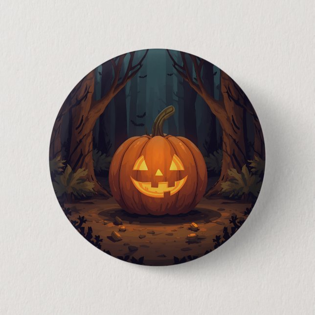 Jack O' Lantern Glowing In The Forest Button (Front)