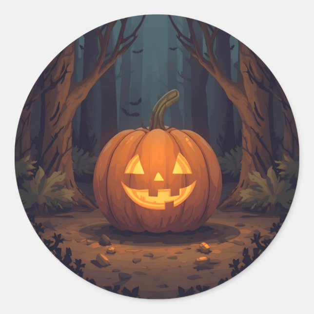 Jack O' Lantern Glowing In The Forest Classic Round Sticker (Front)