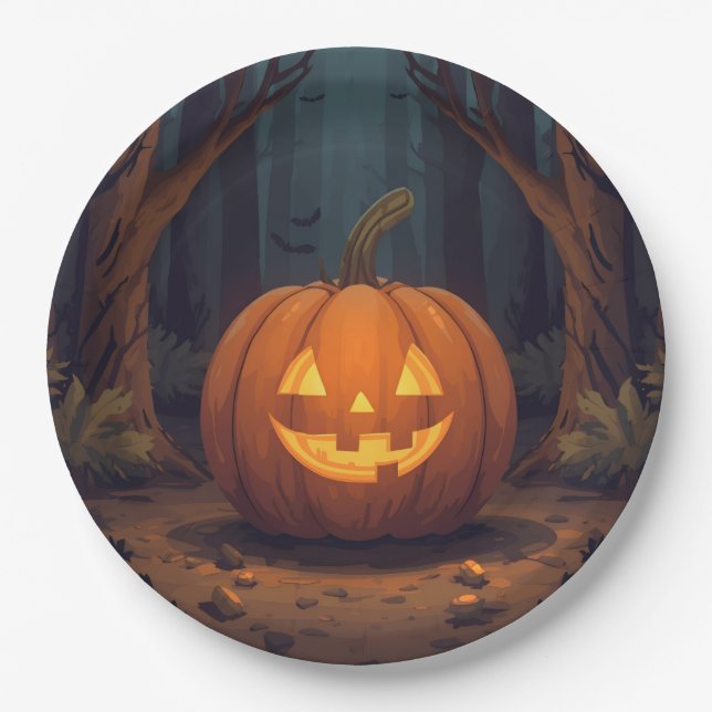 Jack O' Lantern Glowing In The Forest Paper Plates (Front)