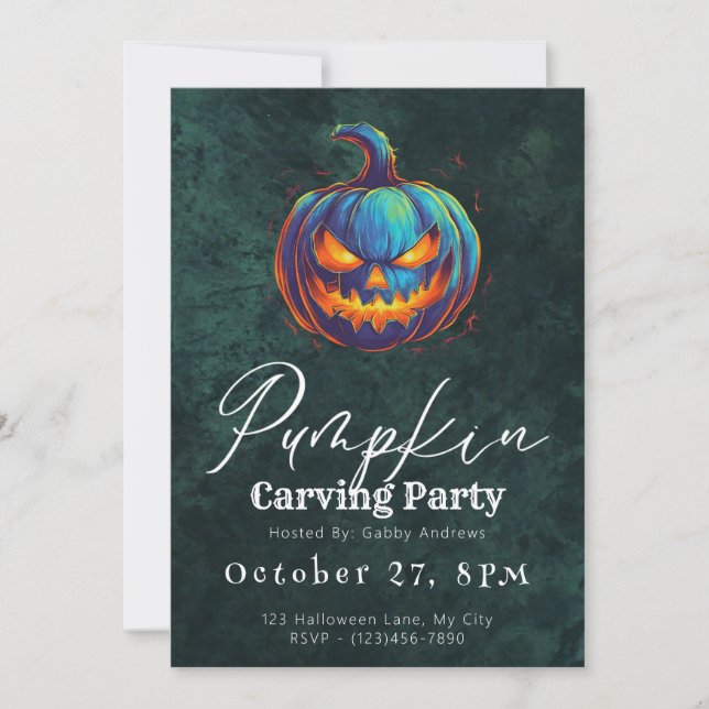 Jack-O' Lantern Green Pumpkin Carving Party Invitation (Front)