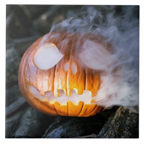 Jack_o_Lantern Halloween Pumpkin Head on Fire  Ceramic Tile