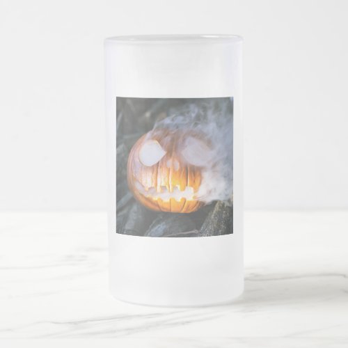 Jack_o_Lantern Halloween Pumpkin Head on Fire  Frosted Glass Beer Mug