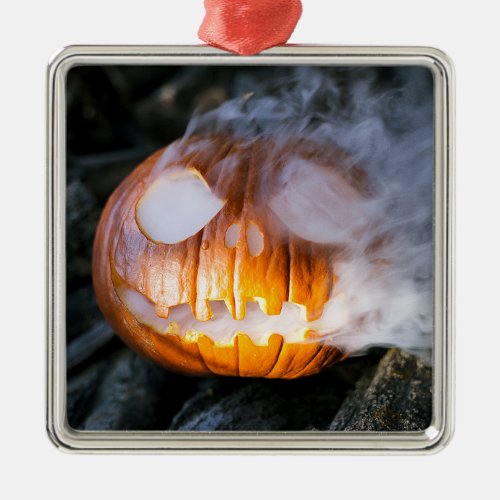 Jack_o_Lantern Halloween Pumpkin Head on Fire  Metal Ornament