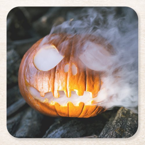 Jack_o_Lantern Halloween Pumpkin Head on Fire  Square Paper Coaster