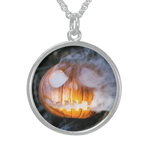 Jack_o_Lantern Halloween Pumpkin Head on Fire  Sterling Silver Necklace