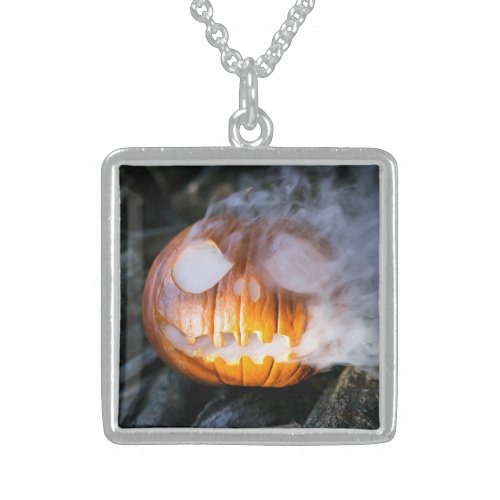 Jack_o_Lantern Halloween Pumpkin Head on Fire  Sterling Silver Necklace