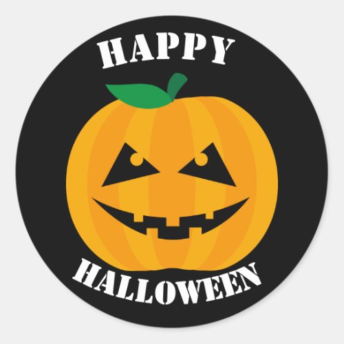 Jack_O_Lantern Happy Halloween on Black Classic Round Sticker